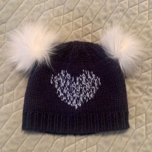 Maeve by Anthropologie Kids Navy Blue Beanie with Heart Design White Pom NWOT